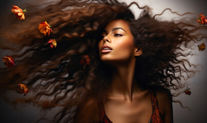 Portrait of a beautiful African American woman with voluminous curly hair in motion, showcasing natural beauty, haircare, and ethnic diversity