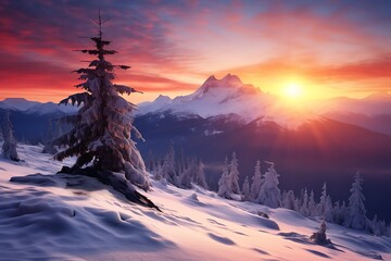 sun rise over winter mountains and palm trees