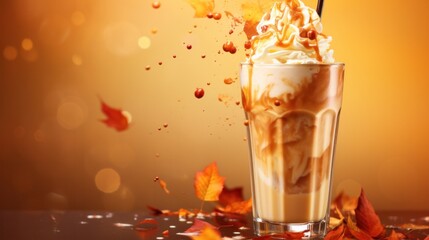 Tasty pumpkin spices milkshake topped with cream. Autumn drink concept. - obrazy, fototapety, plakaty