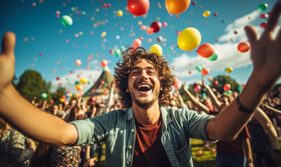Joyful young man with curly hair celebrating at a festival, arms outstretched, surrounded by balloons and a happy crowd under the open sky