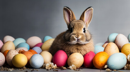 Adorable brown rabbit with perky ears sitting beside a colorful collection of speckled Easter eggs on a subtle grey backdrop, symbolizing Easter celebrations