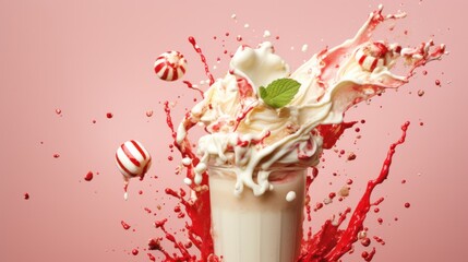 Tasty peppermint bark milkshake topped with cream, with splashes. Christmas drink concept.