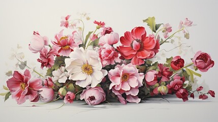 a cluster of white, red, and pink flowers set against a pure white surface.