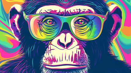 Wow pop art monkey face. Monkey with colorful glasses pop art background. Animals characters	