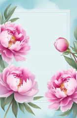 Pink peonies flowers on light blue background. Text space. Invitation concept