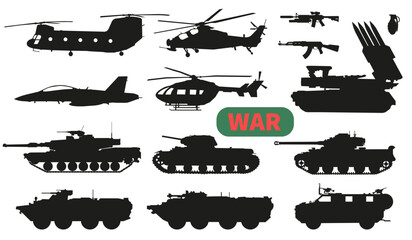 A set of military equipment. Silhouettes of military equipment. A set of planes, tanks and guns.