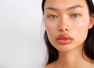 Fototapeta premium Fashion Concept. Closeup portrait of girl in natural makeup glow look with beautiful dewy skin. illuminated with dynamic composition light. sensual, natural, advertisement, copy text space 