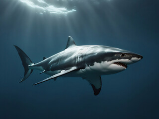 Fototapeta premium Great white shark in swimming the ocean. Blue hues and natural lighting from above surface water.
