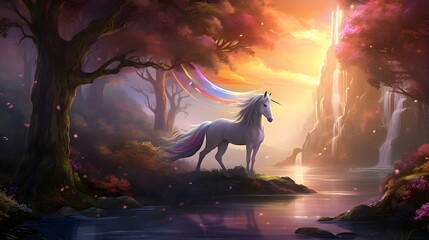 Enchanting Unicorn Fantasy: Rainbow-Maned Unicorn in a Magical Forest - A Whimsical Equine Tale Amidst Nature's Enchantment - obrazy, fototapety, plakaty