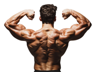 A fit man showcasing his muscular back on transparent background.