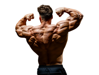 A fit man showcasing his muscular back on transparent background.