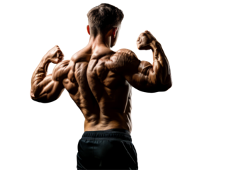 A fit man showcasing his muscular back on transparent background.
