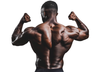 A muscular man flexing his back muscles. No background picture.