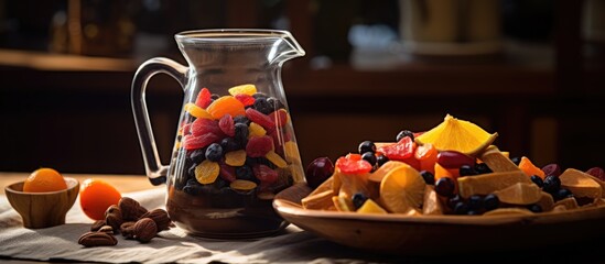 Dried fruit compote in jug with assorted fruits on table. Selective focus.