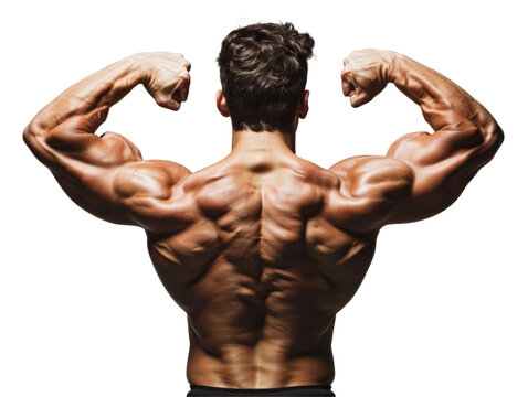 A fit man showcasing his muscular back on transparent background.