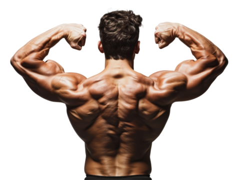 A fit man showcasing his muscular back on transparent background.