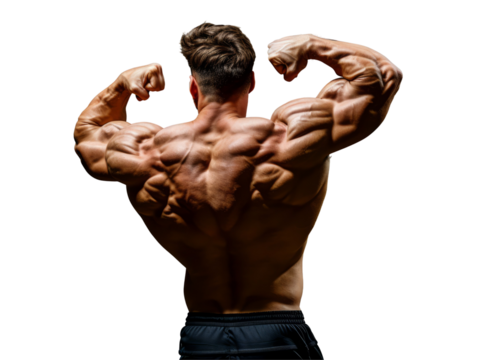 A fit man showcasing his muscular back on transparent background.