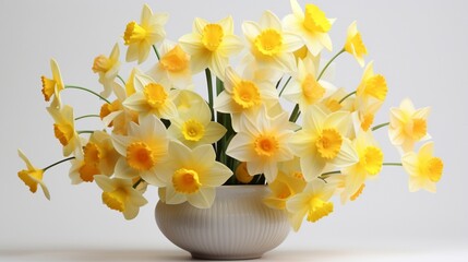 an artful arrangement of daffodil petals, their sunny yellow hues forming a cheerful display against a serene and inviting white background.