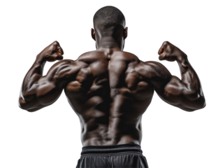 A muscular man flexing his back muscles. No background picture.