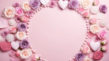 Captivating Mother's Day Concept: Top View of Love and Celebration with Small Roses, Hearts, and Sprinkles on a Pastel Pink Background - Perfect for Greeting Cards and Emotional Designs!