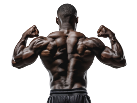 A muscular man flexing his back muscles. No background picture.