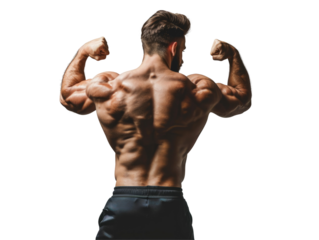 A strong bodybuilder on a transparent background showcasing his muscles. 