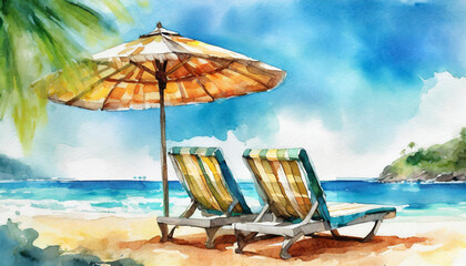 Summer vacation loungers on sea beach landscape, beautiful seascape, seaside holiday, watercolor