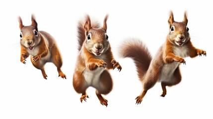 three jubilant squirrels engaged in a friendly game of acorn tag, their bushy tails adding a dynamic touch to the scene against a pure white setting. - Powered by Adobe