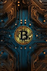 Bitcoin cryptocurrency, circuit background, Generative AI