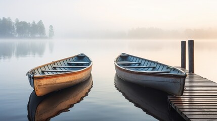 two canoes tethered to a wooden dock, their calm reflections in the water set against a pristine...