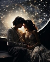 Young couple with the universe behind them