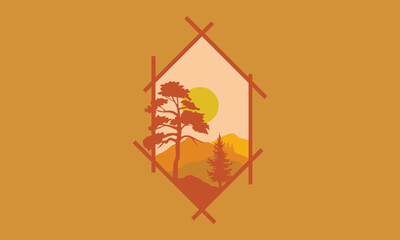 Illustration design of forests and mountains with a hexagonal shape
