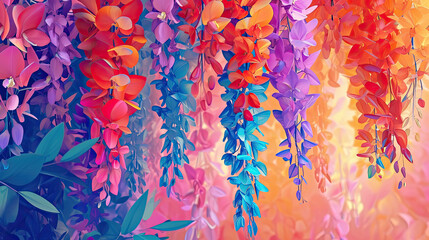 Elegant colorful with vibrant  flower hanging branches illustration background. Bright color 3d abstraction wallpaper for interior mural, Generated by AI	