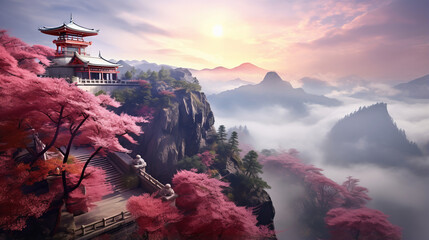 Stunning mountain view of Asian temple amidst mist and blooming sakura trees in misty haze...