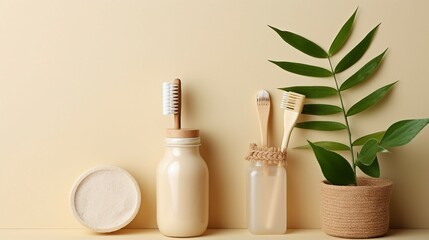 Obraz na płótnie Canvas No plastic concept. Top view photo of jar with toothpaste natural cosmetics soap dental floss toothbrushes hair brush cotton buds green plant leaves and wooden stands on isolated beige background