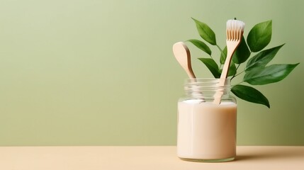 No plastic concept. Top view photo of jar with toothpaste natural cosmetics soap dental floss toothbrushes hair brush cotton buds green plant leaves and wooden stands on isolated beige background - obrazy, fototapety, plakaty