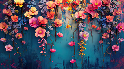 Elegant colorful with vibrant  flower hanging branches illustration background. Bright color 3d...