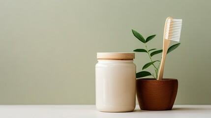 Fototapeta na wymiar No plastic concept. Top view photo of jar with toothpaste natural cosmetics soap dental floss toothbrushes hair brush cotton buds green plant leaves and wooden stands on isolated beige background