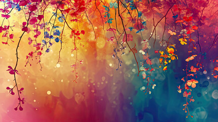 Elegant colorful with vibrant leaves hanging branches illustration background. Bright color 3d...