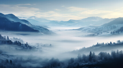 Panorama of the foggy winter landscape