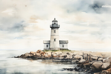 Fototapeta na wymiar Watercolor vintage lighthouse