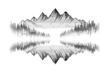 Forest and mountains are reflected in the lake, vector sketch, isolated on white background