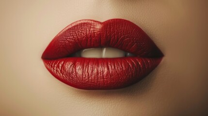 Red lips on a beige background. Beauty industry style illustration. Red lipstick - obrazy, fototapety, plakaty