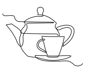 Continuous one single line drawing of teapot with tea and cup. Pouring drink. Hand drawn linear silhouette icon. Teapot and tea cup vector one line continuous drawing. Minimal outline design element