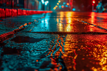 Wet asphalt texture in the night under neon lights