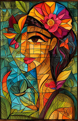 Illustrated woman Portrait in cubism art Style, Colorful Mosaic 