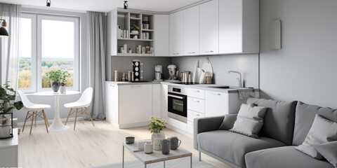 furniture in living area and kitchen area, AI Generative.