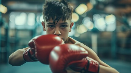 男の子のボクシング練習風景01 - obrazy, fototapety, plakaty