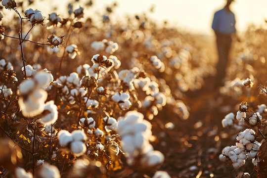 Cotton farm during harvest season. Field of cotton plants with white bolls. Sustainable and eco-friendly practice on a cotton farm. Organic farming. Raw material for textile industry.