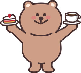 Cartoon teddy bear serving a cake and hot drink. Vector illustration isolated on a transparent background.